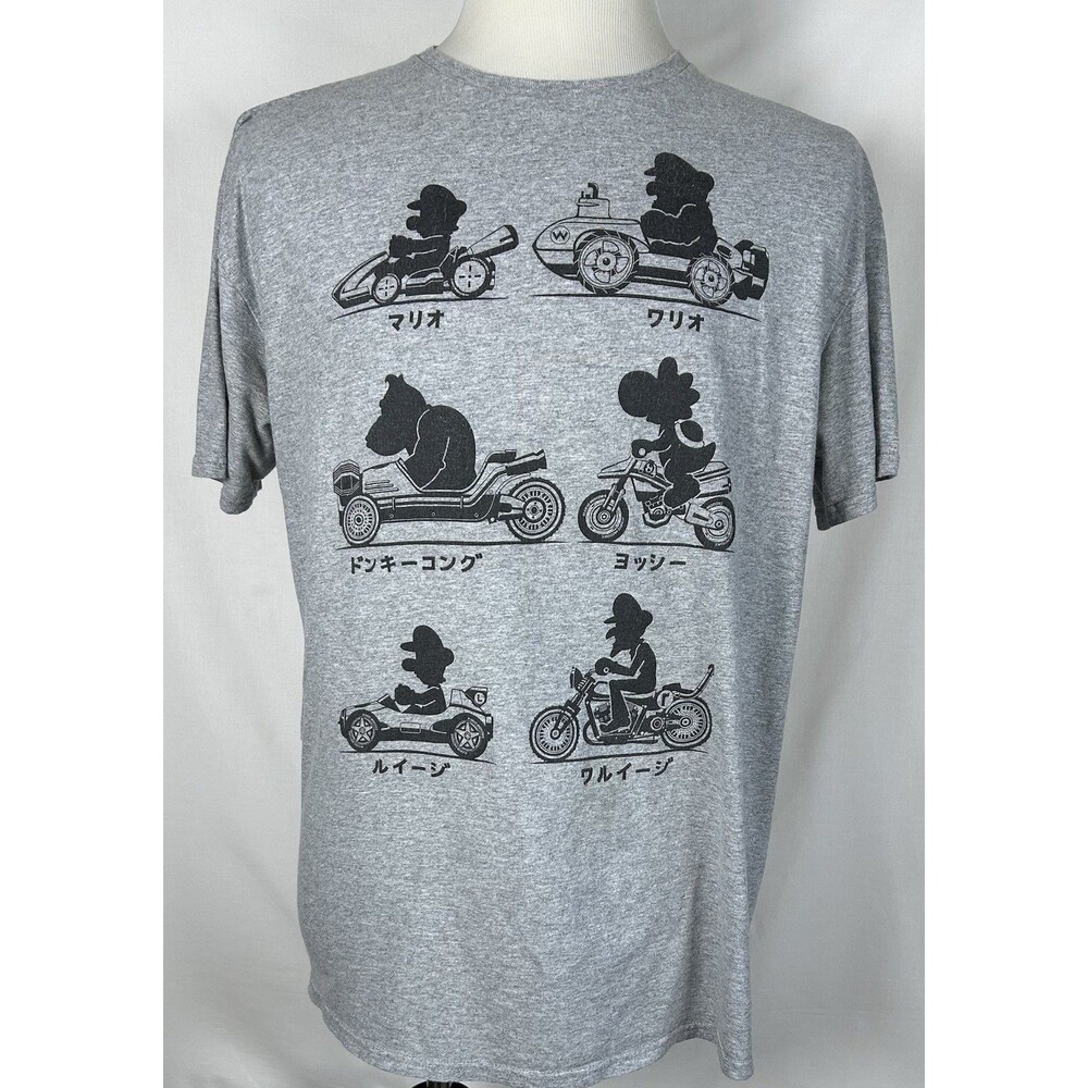 Nintendo Mario Kart Shirt XL Gray Japanese Katakana Silhouette Tee Mario Yoshi